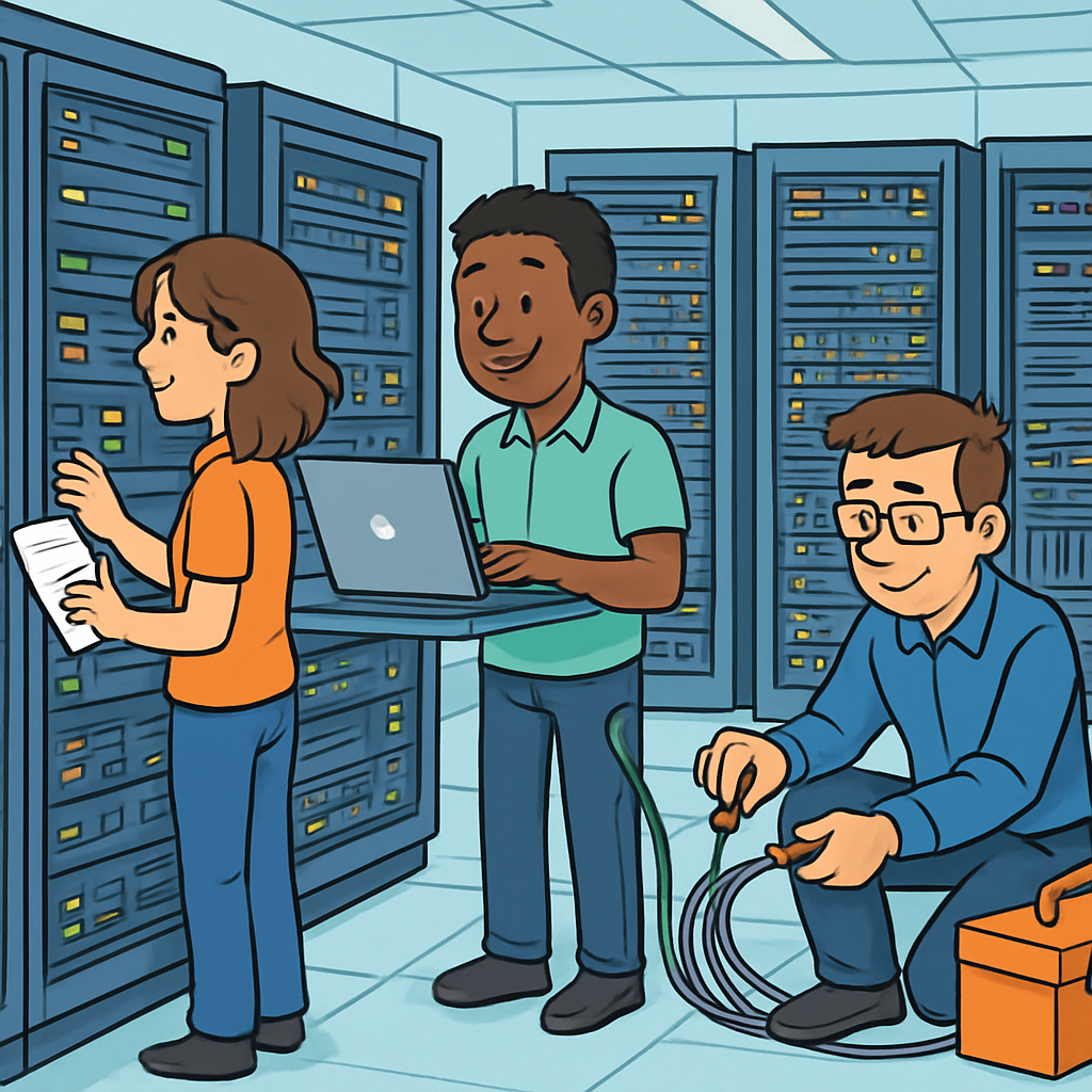 An image of IT workers in a data center doing maintenance tasks Style should be cartoonish