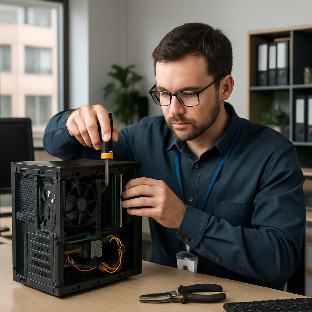 It professional working on upgrading a PC in an office space