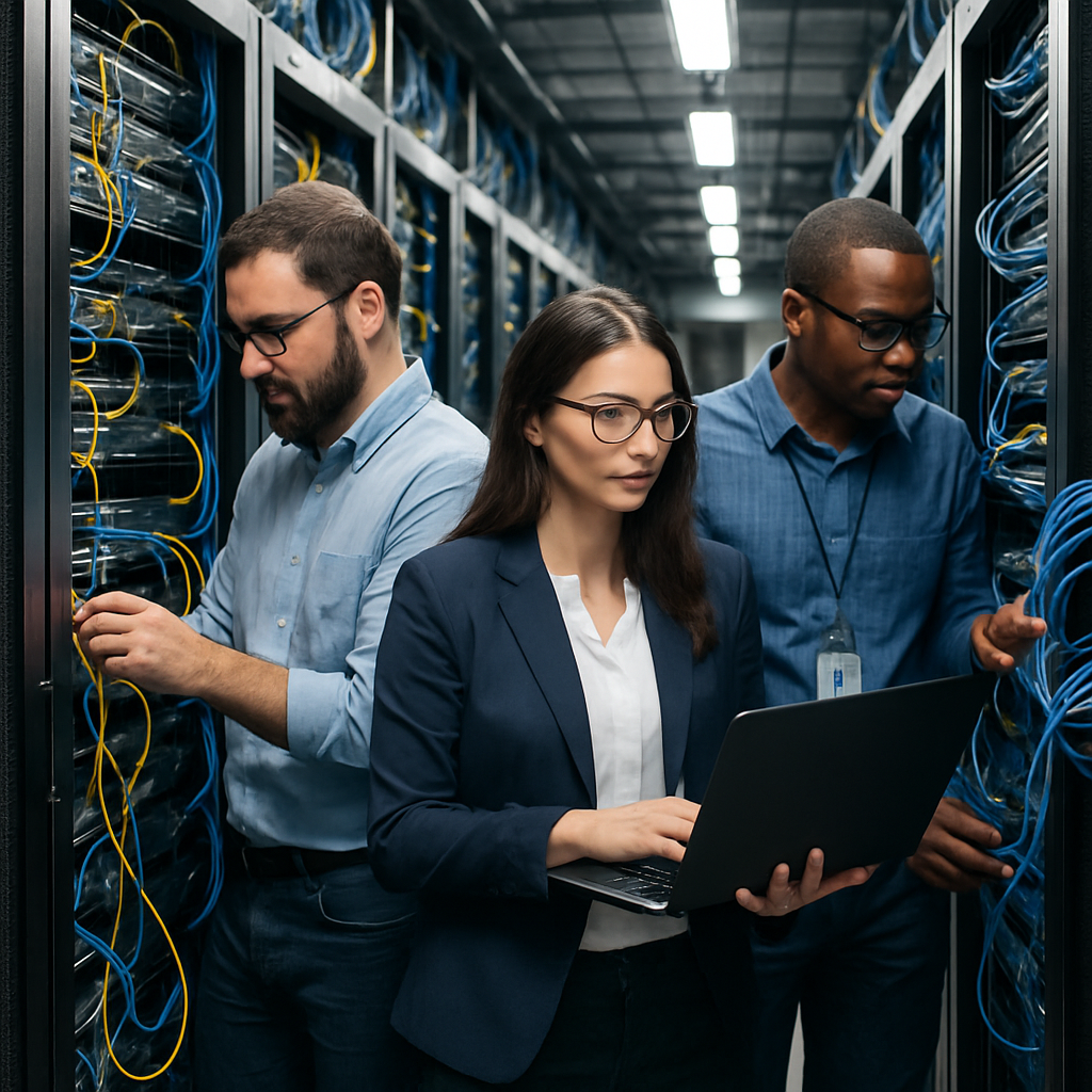 Networking experts working in a data center-1
