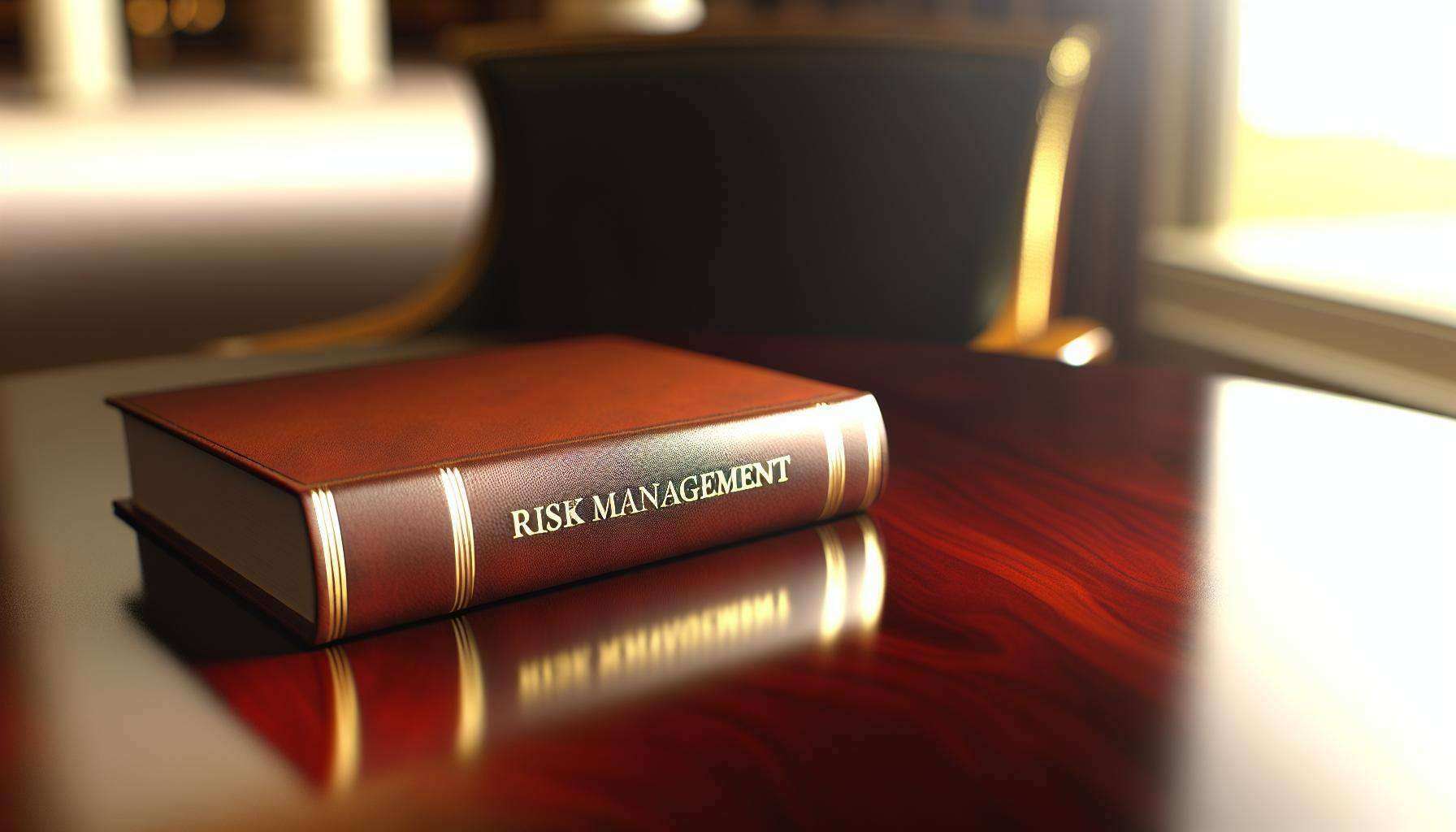 a leather bound book titled Risk Management sitting on a table