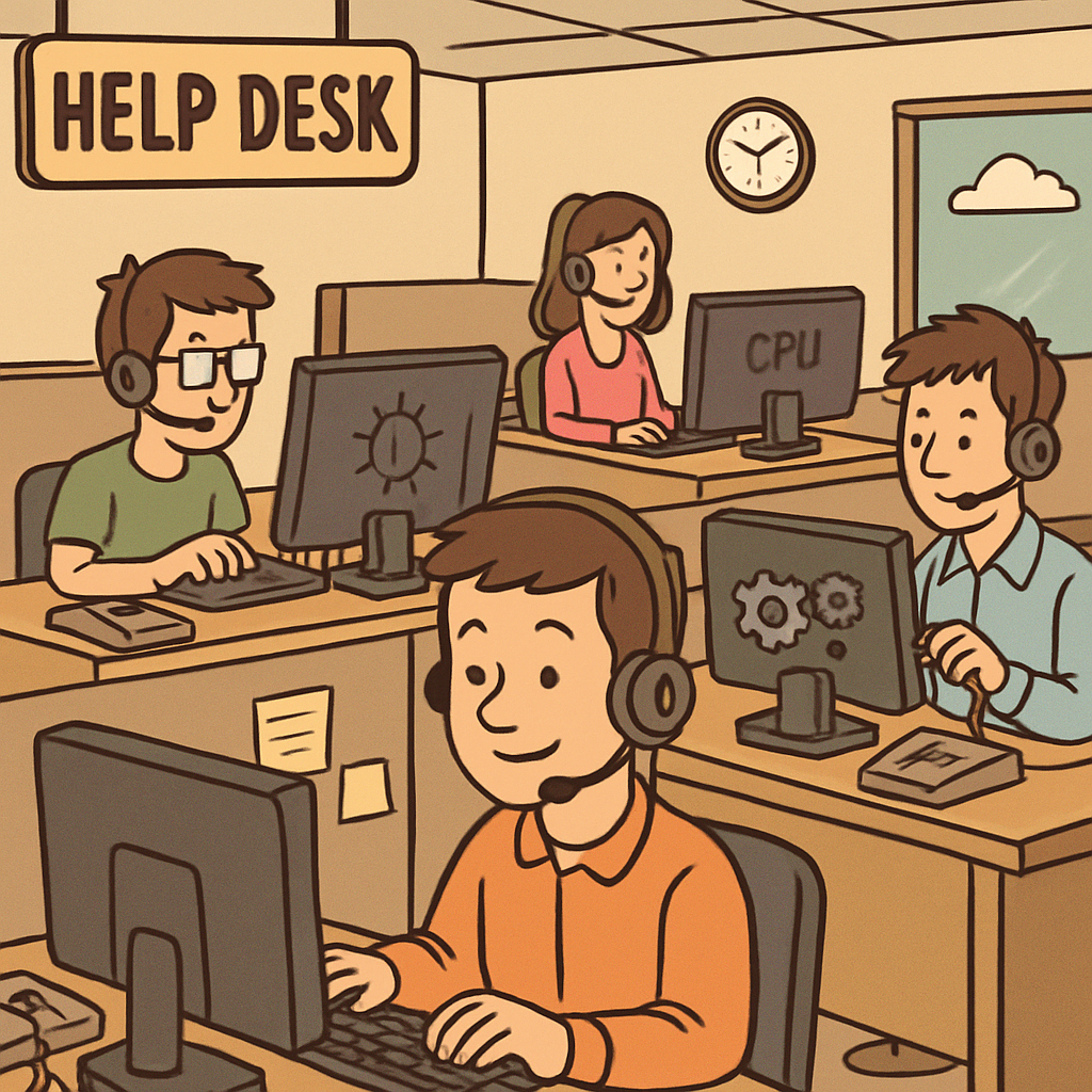 an image depicting a room full of help desk workers doing IT support tasks Make the image cartoonish please-1