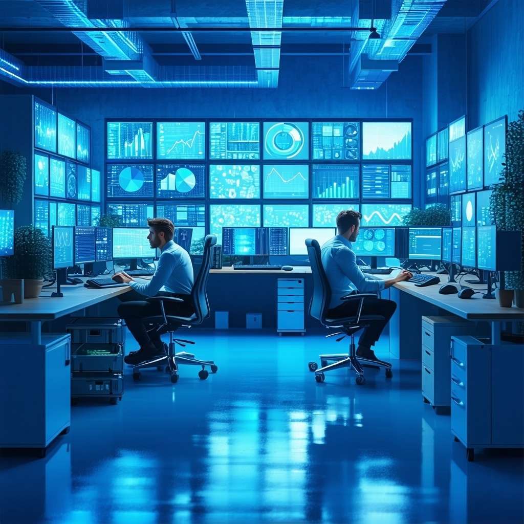 blue IT office with IT professionals