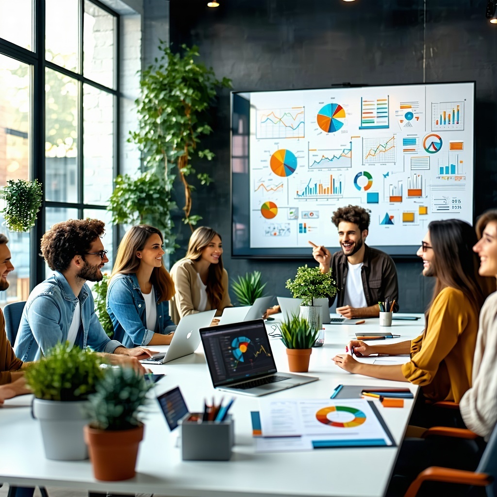 The image depicts a modern office environment filled with diverse professionals collaborating around a sleek conference table Laptops are open displaying vibrant charts and documents A large screen on the wall shows a video conference in progress wit