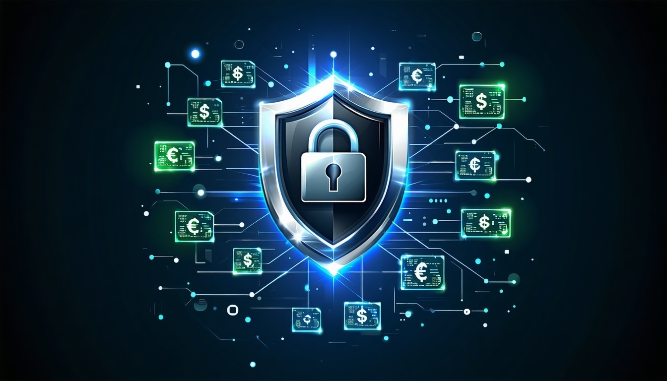 The image features a dark background with a gradient of deep blue and black evoking a sense of sophistication In the center a stylized shield icon representing cybersecurity is rendered in a shiny silver tone with sharp edges Surrounding the shield a