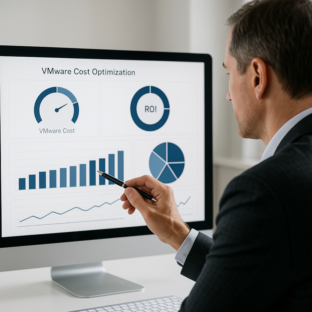 Business professional analyzing VMware cost optimization data on a clean, structured dashboard showing clear ROI metrics