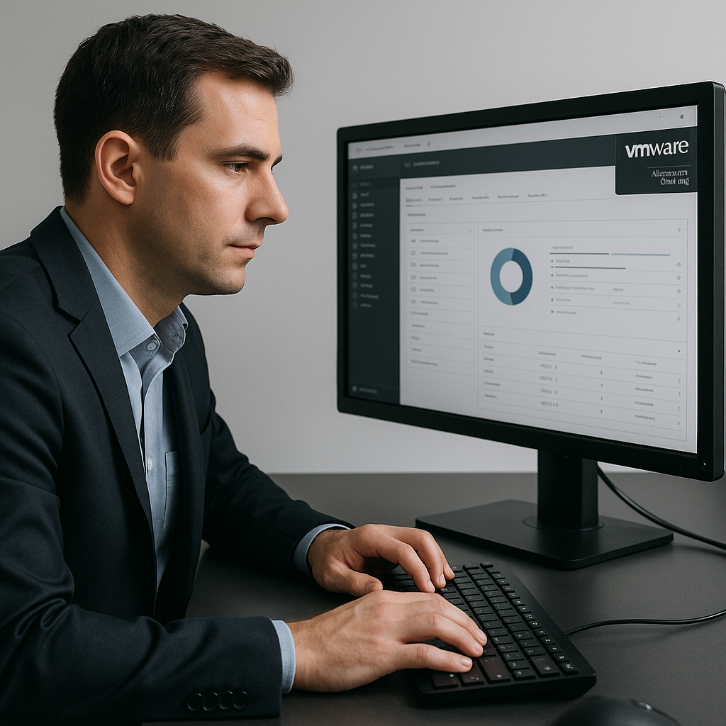 Professional IT specialist managing VMware infrastructure with clean, minimalist interface showing authorized partner credentials